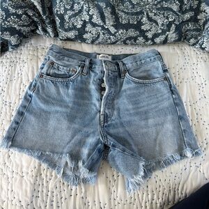 Agolde Light Blue Frayed Hem Jean Shorts